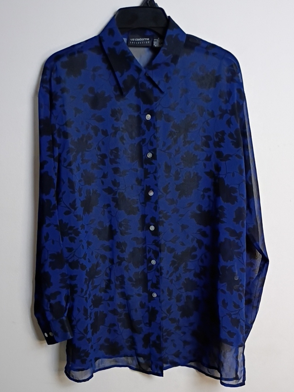 Liz Claiborne Black Floral Print Sheer Blue Button-Down Blouse